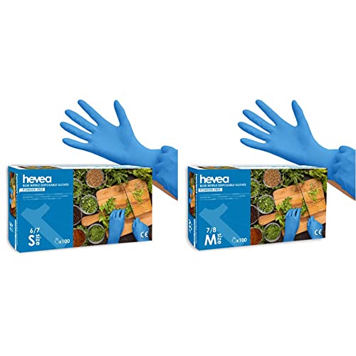 Hevea - Gants à usage unique en nitrile. Sans poudre ni latex. & Gants jetables en nitrile. Sans poudre ni latex. 1 boîte de 100 gants. Taille : M (moyen) Couleur : bleu