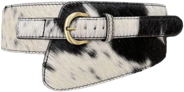 Woman's Obi Sash Wrap Corset Waist Cincher,s Wide Genuine Cowhide Leather Natural Hair-On Cow Buckle Belt