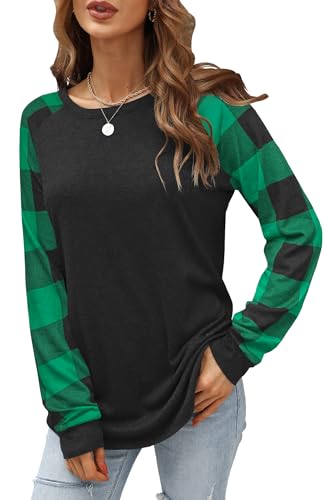 Aifer Womens Shirts Round Neck Long Sleeve Tops 2025 Trendy Fall Clothes Green Plaid Shirt Outfits Blouses Tunic