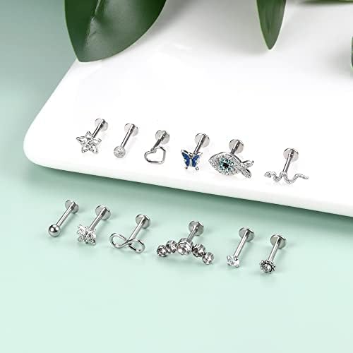 Kakonia 12 Pcs 16G Tragus Piercing Jewelry for Women Men Internally Threaded Cartilage Conch Earring Stud CZ Flower Heart Butterfly Snake Labret Monroe Medusa Lip Piercing Jewelry