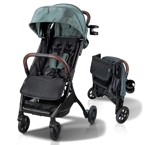 Image of Strolee Lightweight Baby & Toddler Stroller, Ultra Compact, Airplane-Friendly Travel Stroller, One-Handed Fold, Near Flat Recline, X-L Canopy & Parent Cup Holder -LinQ (v2 Sage Green)