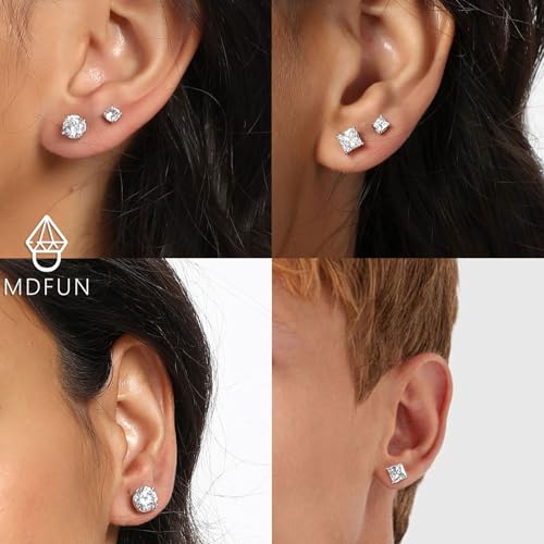 MDFUN 6 Pairs Stud Earrings Set 3mm/5mm/7mm Princess & Round Cubic Zirconia Earrings Hypoallergenic 316L Surgical Stainless Steel CZ Earrings for Women Men2
