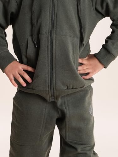 Image of Boys Solid Fleece Full Sleeve Zip Front Open Hooded Sweatshirt With Track Pant Set