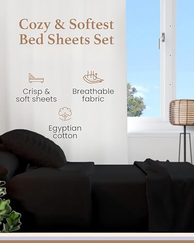 Image of Good Sleep Bedding Split King Sheet Set for Adjustable Bed, 5 Piece, 100% Egyptian Cotton King Split Sheets for Adjustable Bed, Sateen Weave, 16 inch Deep Pocket Sheet Set - Black