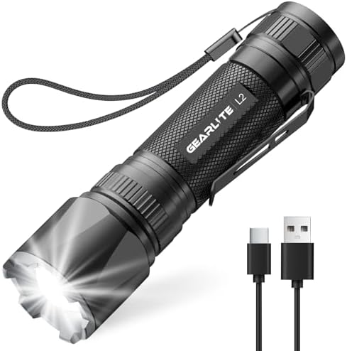 GEARLITE LED Taschenlampe Aufladbar, Superhelle Zoombare 3000 Lumen Mini Torch mit 3 Lichtmodi & Langer Betriebsdauer, IP65 Wasserdicht Taktische Handlampe für Camping Angeln Wande