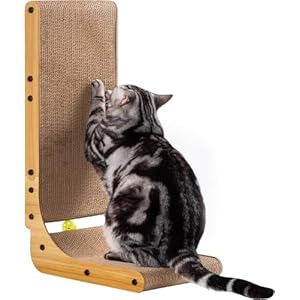 Poils bebe L Shape Cat Scratcher, 26.8 Inch Cat Scratchers for Indoor Cats, Protecting Furniture Cat Scratch Pad, Cardboard Cat Scratching with Ball Toy, Catnip, Large