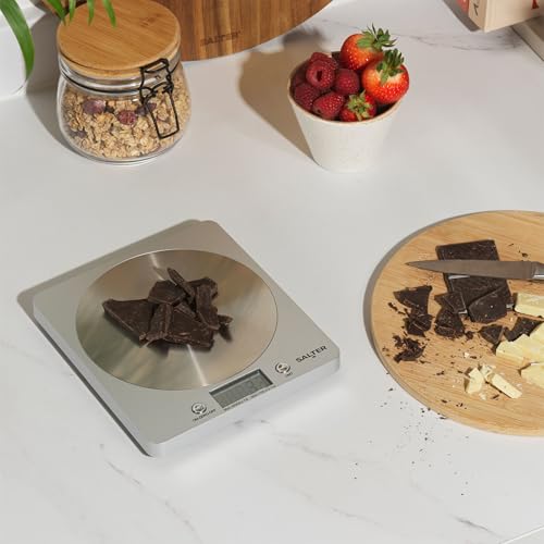 Salter 1036 SVSSDR bilancia da cucina digitale, elegante design sottile, cucina/casa, piattaforma in acciaio inox filata, Aggiungi e pesata, misura liquidi/fluidi, capacità massima 5KG argento