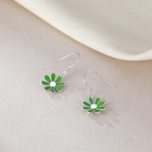 SLUYNZ 925 Sterling Silver Daisy Flower Dangle Drop Earrings for Women Teen Girls Green Flower Drop Earrings Summer Spring4