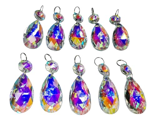 Perles en verre et prismes irisés AB Aurora Borealis 37 mm ovale pour lustre et déco (Lot de 7)