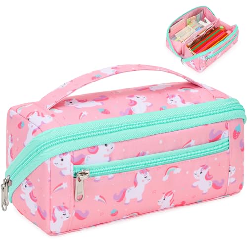 Image of Large Pencil Case for Girls, Aesthetic Kids Pencil Pouch for School, Wide Opening Organizer Box with Handle, Fits 50 Pens & Markers (Pink Cute Unicorn)
