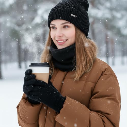 MmmLucipor Unisex Mütze Schal Handschuhe Set, Touchscreen Handschuhe Herren Damen, Weiches Fleecefutter Beanie, Winter Strickmütze, Wärmer Mütze Halswärmer, Warme Kuschelige Schal Winterset (Schwarz)