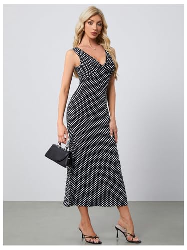 Women's Polka Dots Tie Back Dress Deep V Neck Sleeveless Maxi Going Out Dresses4