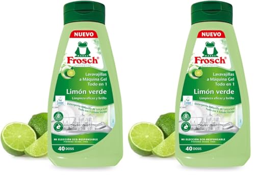 Frosch - Gel Lavavajillas a Máquina, Todo en 1 con Limón Verde, Limpieza y Brillo, Sin Microplásticos Ni Componente Animal, 40 Dosis -650 ml (Paquete de 2)