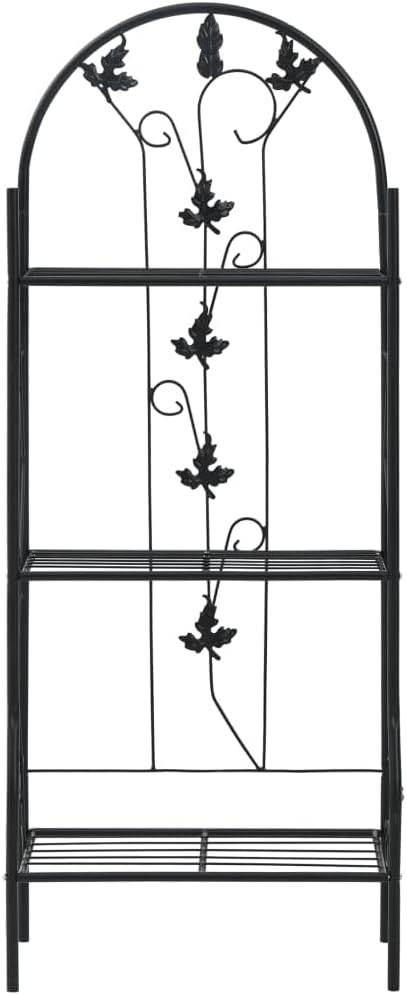 3-Tier Plant Rack, Black Powder-Coated Iron, Medium Decorative Leaf Inlays, 11x20.5x50.4 Inch, Indoor Outdoor Flower Pot Display Shelf for Balcony, Patio, Garden