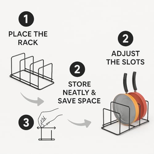 Image of Craftize Mstore pot rack Pan Pot Rack Lid Holder Countertop - 6 Slot Adjustable Cookware Organizer, Black Iron Pot Lid Stand 17 inch x 7 inch x 6 inch, Kitchen Counter Storage Rack for Pots & Pans (Modern)
