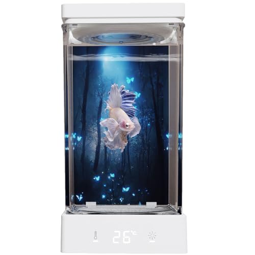 Image of Small Betta Fish Tank 0.37 Gallon Smart Aquarium kit Constant Temperature Setting Between 68-86℉ Fish Tank with LED Light Easy Setup and Maintenance, Perfect Starter Tank Fish Bowl White