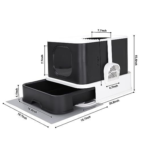 RIZZARI Millions Sold Wordwide Cat Litter Box, Large Top Entry Anti-Splashing Litter Box with Lid, Enclosed Plastic Cat Litter Box with Handy Litter Scoop, Drawer Type Cat Toilet (Dark Black)