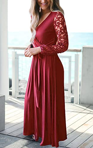 Image of Kranda Womens Vintage Floral Lace Long Sleeve Faux Wrap V Neck Party Long Maxi Dress