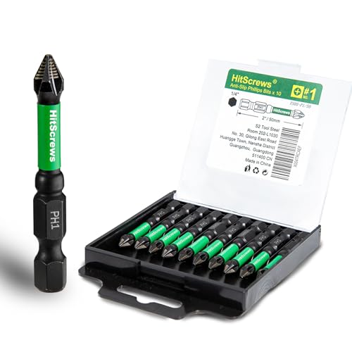 HitScrews PH1 Anti-Slip Screwdriver Bits - 2' Phillips Impact Driver Bits #1, 2025 New Laser-Etched Design, Impact-Resistant S2 Tool Steel, Magnetic Tip, 10-Pack for High Torque & Precision Work