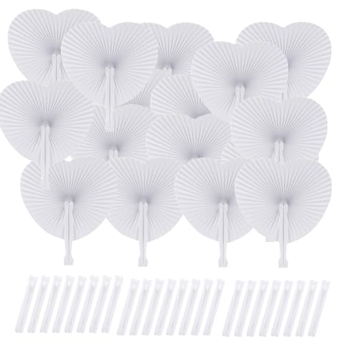 hxaiyouu 24/48Pcs White Heart Paper Fans Round Folding Fan Wedding Fans Chinese Handheld Fans with Plastic Handles for DIY Summer Wedding Birthday Party Favour (24 White)