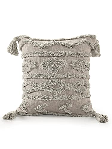 SASHAA WORLD Tasselled and Tufted Cushion Cover | Decorative Throw Pillow for Sofa or Bed | Boho Style Diamond Pattern, Cotton with Zipper Closure for Home Décor | 16×16 inches, Grey