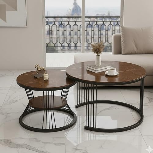 Image of The Round Coffee Table and The Stacking Tea Table with a Gold Metal Frame are Two Versatile Modern Center Tables That Look Great in Living Rooms (Black Brown)