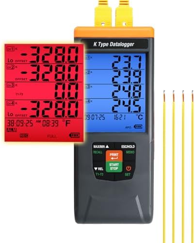 Thermocouple Thermometer Data Logger 4 Channel Digital K Type Temperature Data Logger Recorder with 48K Records, 328~2498℉ (-200~1370℃) Range with Audible/Visual Alarms for Laboratory Industrial