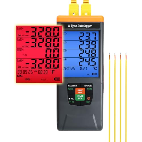 Thermocouple Thermometer Data Logger 4 Channel Digital K Type Temperature Data Logger Recorder with 48K Records, 328~2498℉ (-200~1370℃) Range with Audible/Visual Alarms for Laboratory Industrial