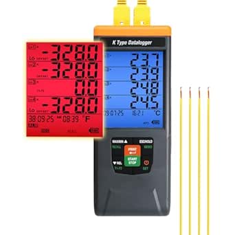 Thermocouple Thermometer Data Logger 4 Channel Digital K Type Temperature Data Logger Recorder with 48K Records, 328~2498℉ (-200~1370℃) Range with Audible/Visual Alarms for Laboratory Industrial