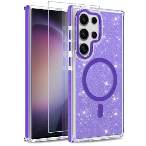 Image of Magnetic Case for Samsung Galaxy S23 Ultra [Compatible with Magsafe] [Bling Glitter Fluorescent Design] [1 Screen Protector] Slim Translucent Matte Case for Galaxy S23 Ultra 6.8 inch, Purple