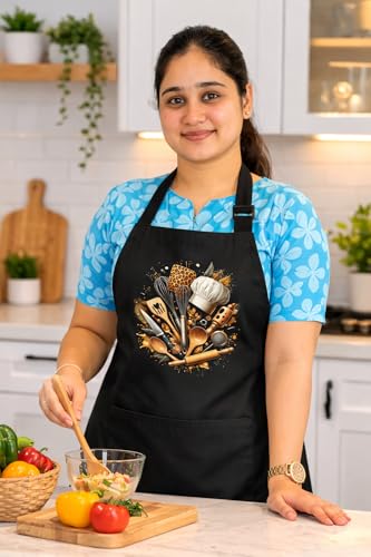 Image of Waterproof Printed Kitchen Apron for Women & Men, Adjustable Neck Cooking Apron with Front Pocket, Oil & Stain Resistant Apron for Cooking, Baking & Kitchen Use