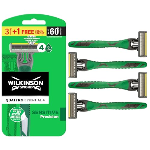 Wilkinson Sword Quattro Sensitive - Maquinillas de Afeitar Desechables con 4 Hojas Flexibles y Banda Lubricante de Aloe Vera, Pack Promocional 3 + 1 Unidades