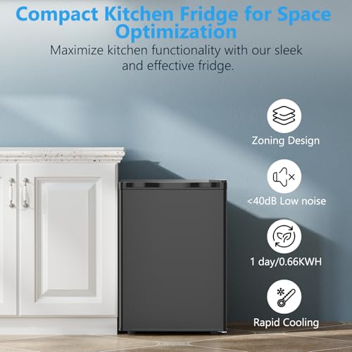 Image of COWSAR 2.6 Cu.Ft Mini Fridge with Freezer, Single-Door Compact Refrigerator, 7 Settings Temperature Adjustable, 2 Removable Shelves, Commercial Small fridge for Bedroom, Office, Kitchen, Dorm, Black