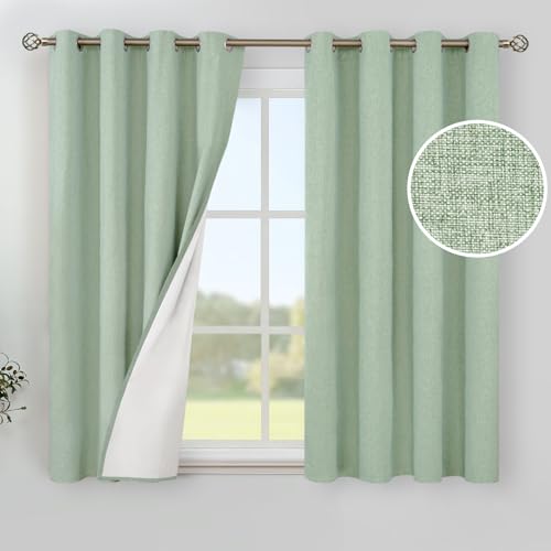 Image of YoungsTex 54 Inch Length Linen 100% Blackout Curtains for Bedroom - Light Green Thermal Insulated Drapes with Grommet Full Room Darkening for Living Room Window, 2 Panels, 52 X 54 Inch
