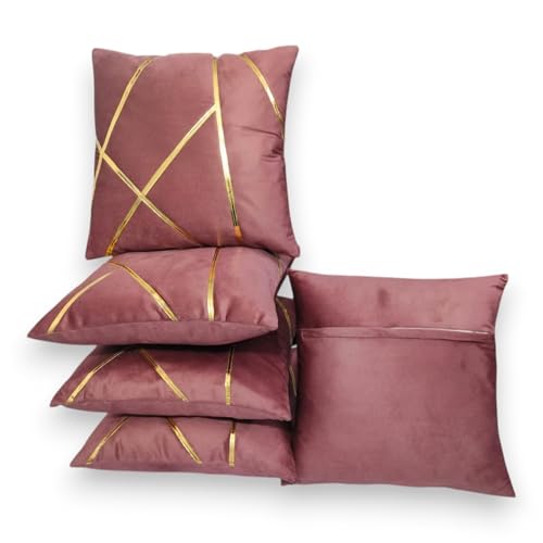 Image of Zikrak Besur Gold Stripe On Velvet|Pack of 5 Cushion Cover|for Home Decoration|Living Room Decor|Hotel Premeuim Qulaity Cushion Cover|Exclusive ON Amazon (Dusty-Pink, 20 X 20 INCH(50 X 50 CM))