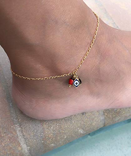 Sifrimania Anklets For Women 18K Gold Plated Figaro Chain Jet Stone And Evil Eye Charm #TOP1