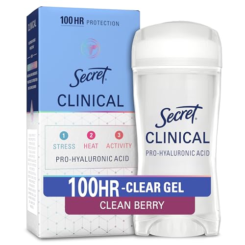 Image of Secret Clinical Strength 100HR Sweat & Odor, Clear Gel Antiperspirant Deodorant for Women, 3X Stress Protection with Hyaluronic Acid, PH Balancing Minerals, Clean Berry Scent, 2.6 oz