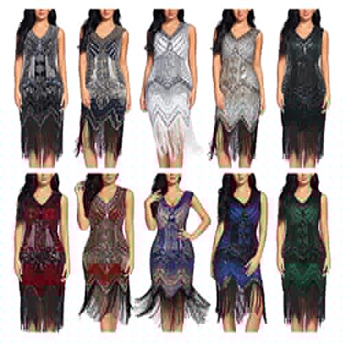 Robe de soirée vintage paillettes saphir L moulante à franges - 3
