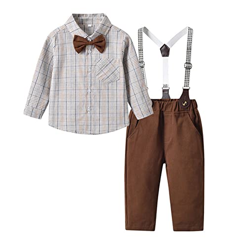 Kids Boys Formal Suspender Outfits sets,Long Sleeve Bowtie Plaid Shirts + Suspender Pants Wedding outfits