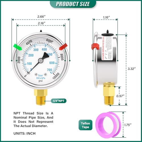 Image of 0-10000PSI Stainless Steel Liquid Filled Pressure Gauge, 2.5 inch Dial Size, 1 /4 inch NPT Lower Mount, for Tube, Water Pump, Gas, Liquid, Pressure Test (with Range Mark Pointer)