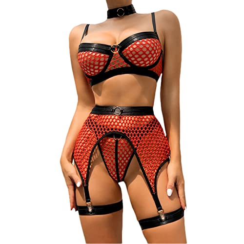 Ensemble de lingerie sexy 4 pièces en résille pour femme avec soutien-gorge creux et porte-jarretelles, Orange, S Cover