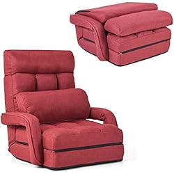 LIFEZEAL Sillón Individual Convertible, sofá Cama Plegable con Respaldo Ajustable en 5 Posiciones, Silla Suelo de 1 Plaza con cojín y reposabrazos, para salón, Dormitorio (Rojo)