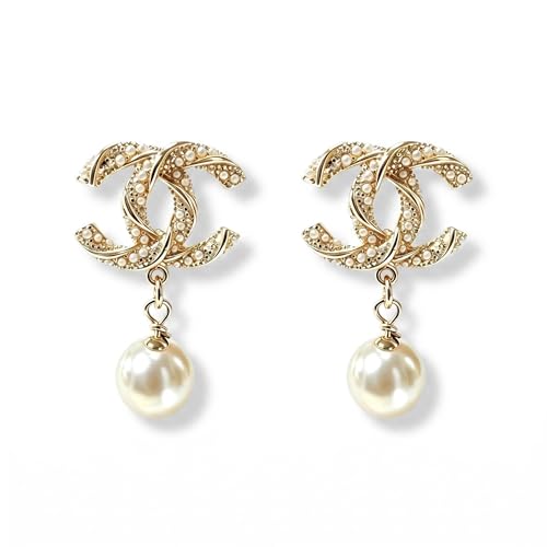 Elegant womens earrings featuring a gold frame accented with pearls and rhinestones