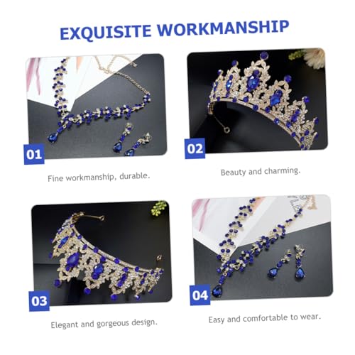 Tiara de novia dorada con pedrería azul y conjunto de collar elegante POPETPOP 4