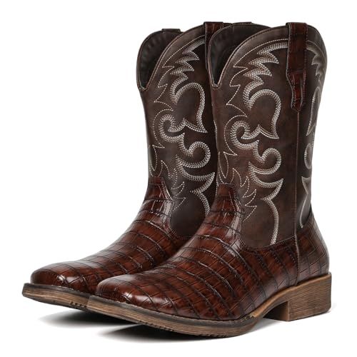 Image of IUV Cowboy Boots For Men Western Caiman Tail Print Wide Fashionable Boots