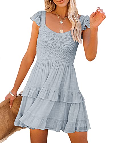 Image of Women Summer Dresses Casual Boho Smocked Ruffle Sun Beach Babydoll Mini Dress Layered Flowy Swing Dress