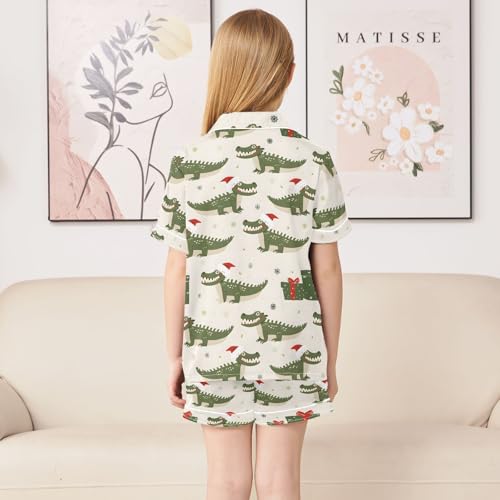 ALAZA Crocodile Hat Christmas Satin Pajamas Set Short Sleeve Button Down Sleepwear Summer Pjs 2 Piece4