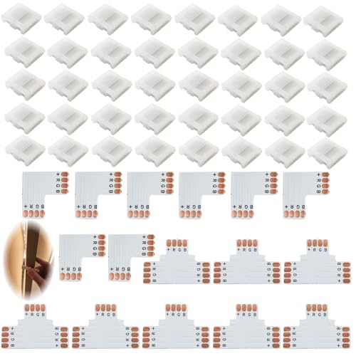 Lot de 56 Connecteur de Ruban LED 4 Broches 10 mm, Connecteur Bande LED RGB, Clips Sans Soudure en L et T pour Extension et Angle, Accessoires Bande Lumineuse,...