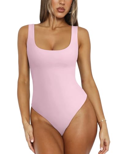 REORIA Womens Sexy Scoop Neck Sleeveless Bodysuit Backless Double Lined Tank Tops Light Pink Small