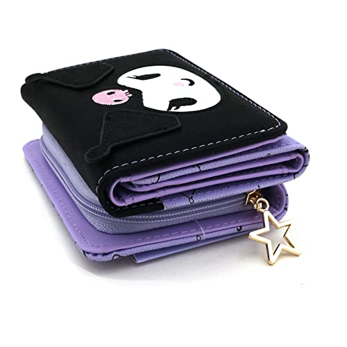 Image of Kuromi Black Face Purse Adorable Japanese Kawaii Cartoon Kitty's Friends Design Cute Pattern Purple Trifold Compact Card Cash Wallet with Coin Zipper Pocket